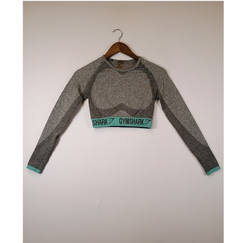 Gymcore Gymshark Womens Small Grey‎ Marl Seamless Long Sleeve Crop Top Teal Hem
